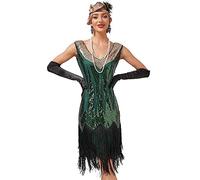 Odizli Robe à franges vintage à paillettes pour femme - Sans manches - Col en V - Pour mariage, fête, cocktail, Vert/doré., XL