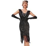 Odizli Robe à franges vintage à paillettes pour femme - Sans manches - Col en V - Pour mariage, fête, cocktail, Noir , M