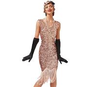 Odizli Robe à franges vintage à paillettes pour femme - Sans manches - Col en V - Pour mariage, fête, cocktail, Rose, L
