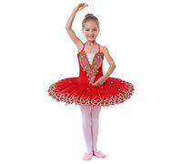 Odizli Robe de ballet pour fille - Bretelles spaghetti - Fleur - Plume - Broderie - Justaucorps de danse - Tulle - Tutu, A#rouge., 11-12 ans
