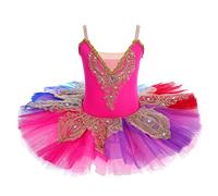 Odizli Robe de ballet pour fille - Bretelles spaghetti - Fleur - Plume - Broderie - Justaucorps de danse - Tulle - Tutu, Arc-en-ciel, 8-9 ans