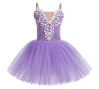 Odizli Robe de ballet pour filles et enfants avec dentelle brodée, paillettes, tutu, robe de danse, robe de ballet, lilas, 13-14 ans