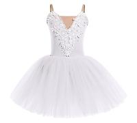 Odizli Robe de ballet pour filles et enfants en dentelle brodée avec paillettes et tutu, robe de danse et de ballet, Blanc., 5-6 ans