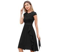 Odizli Robe de cocktail pour femme élégante à manches courtes en dentelle avec volants en mousseline Robe de fête pour mariage Robe courte de soirée, Noir , S