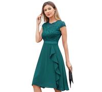 Odizli Robe de cocktail pour femme élégante à manches courtes en dentelle avec volants en mousseline - Robe de fête, de mariage, courte - Robe de soirée, Bleu paon, XL