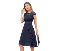 Odizli Robe de cocktail pour femme élégante à manches courtes en dentelle avec volants, robe de fête en mousseline pour mariage, courte robe de soirée, bleu foncé, XXL
