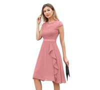 Odizli Robe de cocktail pour femme élégante à manches courtes en dentelle avec volants, robe de fête en mousseline pour mariage, courte robe de soirée, Rose, XXL