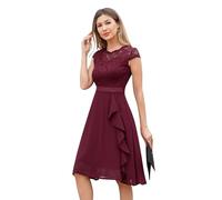 Odizli - Robe de cocktail pour femme - Manches courtes élégantes en dentelle avec volants en mousseline - Robe de fête de mariage courte pour soirée, rouge vin, M