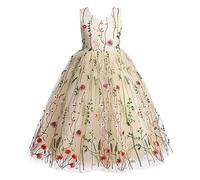 Odizli Robe de demoiselle d'honneur sans manches, col en V, brodée en tulle pour mariage, anniversaire, bal, Abricot, 6-7 ans