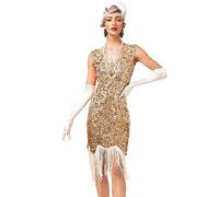 Odizli Robe de Femme Vintage avec Paillettes Glitzer des Années 20 - Style Flapper - Avec Franges - Sexy - Sans Manches - Col en V - Pour Mariage, Fête et Cocktail, or, XS