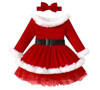 Odizli Robe de Noël, pour fille, enfant, bébé, automne et hiver, à manches longues, Père Noël, en velours, avec bandeau, tenue de Noël, rouge, 2-3 ans