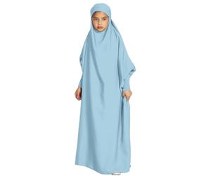 Odizli Robe de prière Abaya - Pour enfants et filles - Manches longues - Robe musulmane islamique - Robe turque arabe - Robe de prière pour le Ramadan, bleu ciel, 12- 13 ans