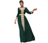 Odizli Robe de soirée longue pour femme, style arabe Dubai, musulmane, élégante, à manches longues, col en V, en dentelle, broderie, strass, motif floral, vert foncé, S