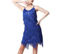 Odizli Robe des années 20 pour femme Gatsby à paillettes, à franges, bretelles spaghetti, sexy, courte, latine, robe de danse, bleu roi, M