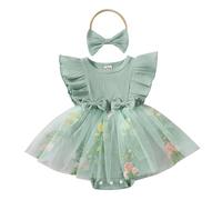 Odizli Robe d'été à manches courtes pour bébé fille avec broderie florale + bandeau, tenue d'anniversaire, séance photo, vert, 0-3 mois