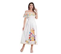 Odizli Robe d'été longue pour femme - Style bohème mexicain - Épaules dénudées - Fleurs - Lignes A - Robe maxi, Blanc., S