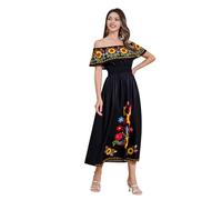 Odizli Robe d'été longue pour femme - Style bohème mexicain - Épaules dénudées - Fleurs - Lignes A - Robe maxi, Noir , M