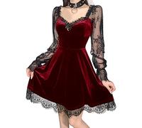 Odizli Robe gothique pour femme - Noir - Sexy - En velours - Manches longues - Robe de soirée Lolita Punk A - Mini robe, rouge bordeaux, XL