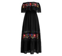 Odizli Robe longue d'été à épaules dénudées pour femme - Style bohème mexicain - Broderie florale - Dentelle, forme A, Noir , XXL