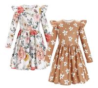 Odizli Robes à manches longues pour enfants et jeunes filles avec motif papillon, dinosaure, fleur, lignes A, marron, 6-7 ans