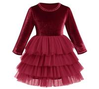 Odizli Robes pour bébés filles d'automne et d'hiver, en velours, à manches longues, longueur au genou, coupe A, avec jupe en tulle et tutu, rouge bordeaux, 7-8 ans