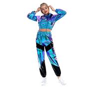 Odizli Survêtement de jogging pour femme - Manches longues - Avec capuche - Paillettes métalliques - Crop Top + pantalon de jogging - 2 pièces, bleu, L