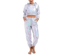 Odizli Survêtement pour femme - À manches longues - Avec capuche et paillettes - Métallique - Crop Top + pantalon de jogging - 2 pièces, Laser argenté., S