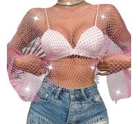 Odizli Top sexy transparent à paillettes en maille à manches longues pour femme, Rose, L