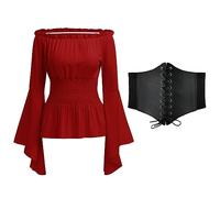 Odizli Vêtements médiévaux pour femme gothique Steampunk manches longues épaules dénudées Corset Top Costume de renaissance victorienne, Rouge + ceinture, L