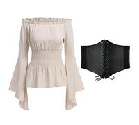 Odizli Vêtements médiévaux pour femme - Style gothique - Steampunk - Manches longues - Épaules dénudées - Corset + ceinture - Costume de Renaissance victorienne, abricot + ceinture, S