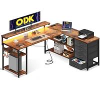 ODK Bureau avec Tiroirs, Bureaux d'angle Réversible avec 2 Prises et 2 Ports USB, LED pour Bureau à Domicile, Brun Vintage, 155×110cm