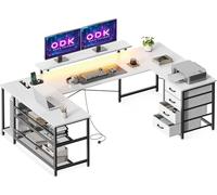 ODK Bureau avec Tiroirs, Bureaux d'angle Réversible avec Multiprise, LED et Support pour Moniteur pour Bureau à Domicile, 167×102 cm, Blanc