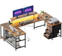 ODK Bureau avec Tiroirs, Bureaux d'angle Réversible avec Multiprise, LED et Support pour Moniteur pour Bureau à Domicile, 167×102 cm, Brun Vintage
