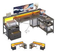 ODK Bureau d’Angle en L avec Rangement et Tiroirs, 172.5×100cm Grand Bureau Gaming Réversible avec LED, Prise de USB et Prises Courant, Table Informatique pour Chambre ou Coin Travail, Roble Gris
