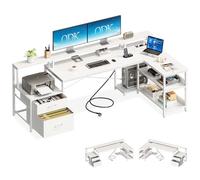 ODK Bureau d’Angle en L avec Rangement et Tiroirs, 189.3×100cm Grand Bureau Gaming Réversible avec Prise de USB et Prises Courant, Table Informatique pour Chambre ou Coin Travail, Blanc