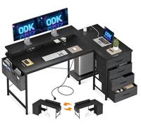 ODK Bureau d'angle avec 4 Tiroirs, 140x80cm Bureau en L avec Prise de Charge USB et Prise de Courant, Table Informatique Réversible avec Support d'écran pour Chambre Domicile Maison,Noir