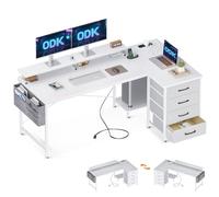 ODK Bureau d'angle avec 4 Tiroirs, 160x80cm Bureau en L avec 2 Prise de Charge USB et 2 Prise de Courant, Grand Table Informatique Réversible Table avec Rangement pour Domicile, Blanc