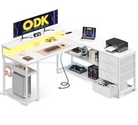 ODK Bureau d'angle avec Tiroirs, 135x110cm Bureau en L Réversible avec Prises, Ports USB, LED et Rangement pour Domicile, Chambre, Tout Blanc