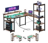 ODK Bureau d'angle Informatique Réversible de avec Bibliothèque, 140cm avec LED & 2 Prises de Courant, Bureau avec Long Support de Moniteur Réglable, Brun Vintage