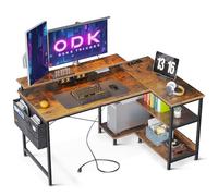 ODK Bureau d'angle Réversible, 120x80cm Bureau Gaming en L avec Port de Charge USB et Prise de Courant, Table Ordinateur avec Support d'écran pour Chambre Domicile Maison (Marron)