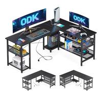 ODK Bureau d'angle Réversible, 150×102 cm Bureau Gaming avec 2 Prises, 2 Ports USB et Grand Espace de Rangement, Noir