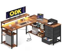 ODK Bureau d'angle Réversible avec Tiroirs, 135x110cm Bureau en L avec Prises, Ports USB, LED et Rangement pour Domicile, Chambre, Brun Vintage