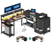 ODK Bureau d'angle Réversible avec Tiroirs, 135x110cm Bureau en L avec Prises, Ports USB, LED et Rangement pour Domicile, Chambre, Noir