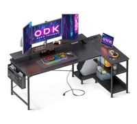 ODK Bureau d'angle Réversible, Bureau Gaming en L avec Port de Charge USB et Prise de Courant, Table Ordinateur avec Support d'écran pour Chambre Domicile Maison (Noir, 168x80cm)