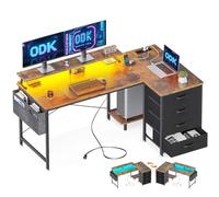 ODK Bureau d'angle Réversible, Bureau Gaming LED, Bureau en L avec 2 Prise de Charge USB et 2 Prise de Courant, Bureau Informatique avec 4 Tiroirs, Bureau Gamer pour Domicile, Marron, 140x80x84.7cm