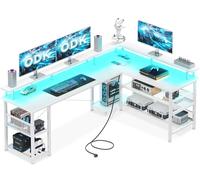 ODK Bureau Gaming avec LED, 168×120cm Bureau Gaming Réversible avec 2 Prises et 2 Ports USB, Grand Bureau d'angle avec Étagère en Maille, Blanc