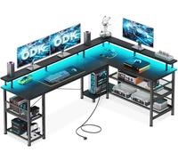 ODK Bureau Gaming avec LED, 168×120cm Bureau Gaming Réversible avec 2 Prises et 2 Ports USB, Grand Bureau d'angle avec Étagère en Maille, Noir