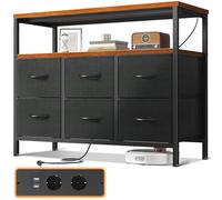 ODK Commode Chambre, 2 Ports USB et 2 Ports AC, 6 Vintage Tissu Tiroirs