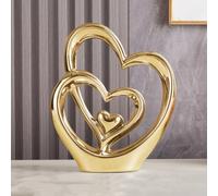 ODMYZG Statue en céramique à Double cœur,Coeur élégant pour la décoration,décoration de Maison créative Moderne,Décoration de Table,Décoration Salon,Convient comme Cadeau, Hauteur 25,5 cm (Doré A)