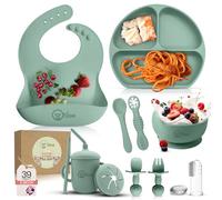 O'doe V1 Lot de 11 accessoires de sevrage LED pour bébé | Ventouse en silicone pour bébé, ustensiles auto-mangeurs avec cuillères, tasses, bavoirs, assiettes à dîner avec | Vert